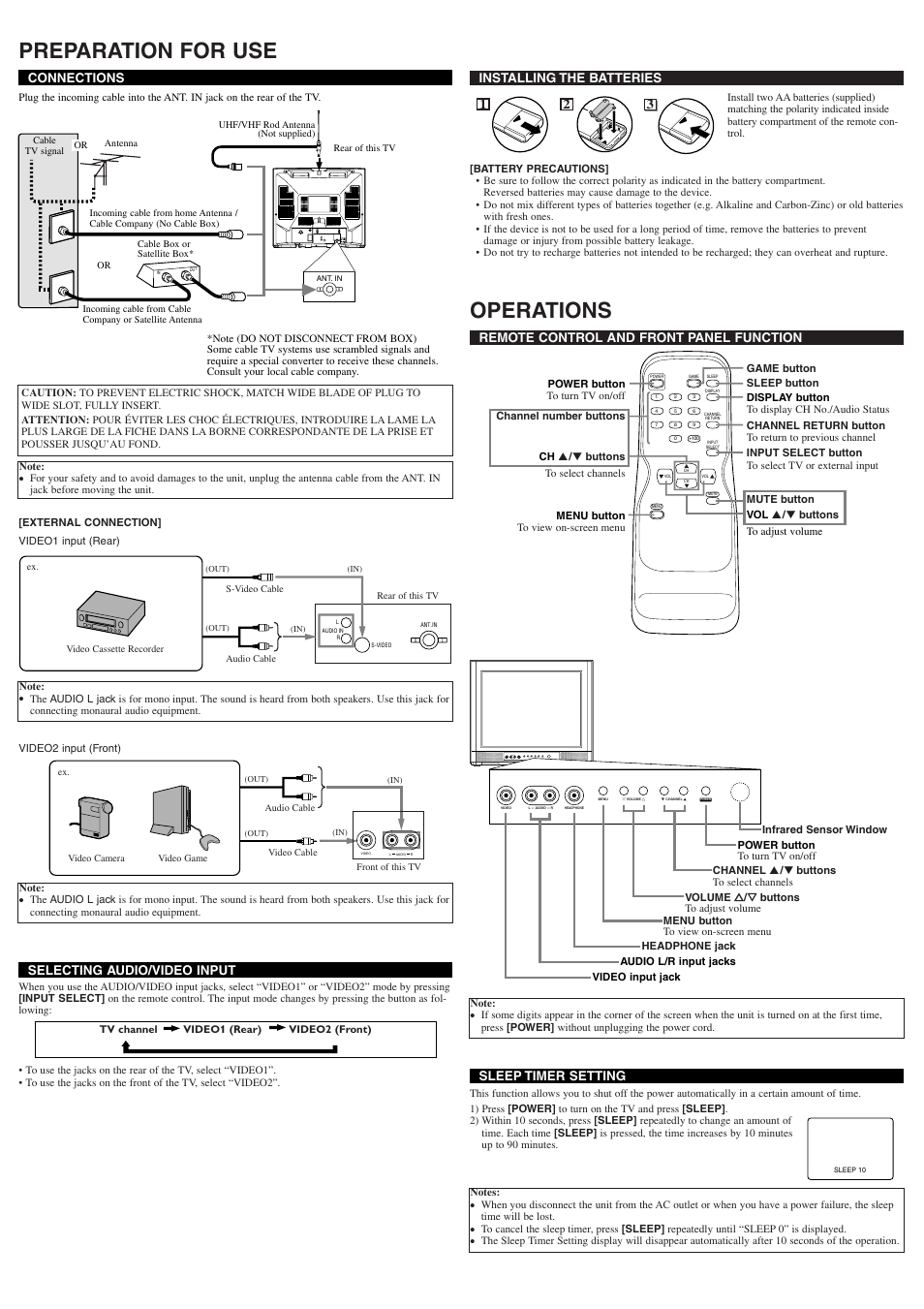 Preparation for use, Operations, Installing the batteries | 21 3 connections, Selecting audio/video input, Sleep timer setting, Remote control and front panel function | Symphonic ST420FF User Manual | Page 2 / 8
