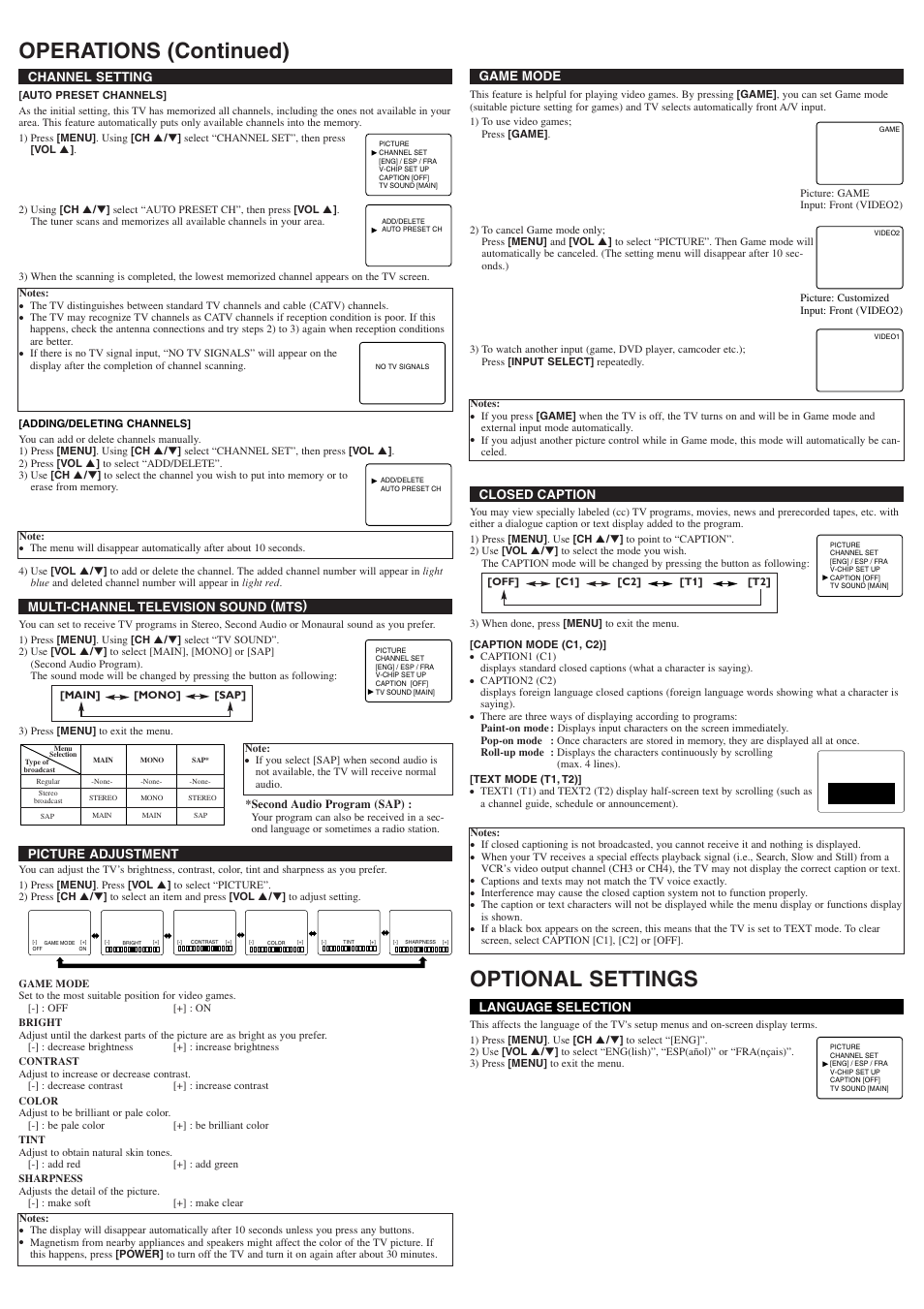 Operations (continued) optional settings, Picture adjustment, Channel setting | Game mode language selection, Closed caption, Multi-channel television sound (mts) | Symphonic ST420FF User Manual | Page 3 / 8