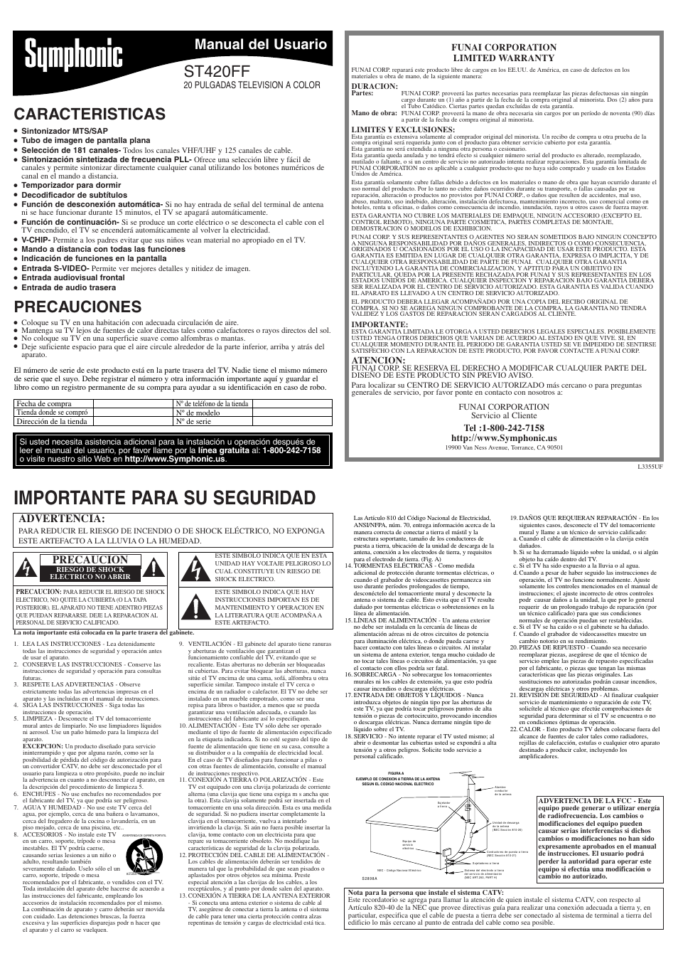 Importante para su seguridad, Caracteristicas, St420ff | Precauciones, Manual del usuario, Advertencia, Precaucion, 20 pulgadas television a color, Funai corporation limited warranty, Atencion | Symphonic ST420FF User Manual | Page 5 / 8