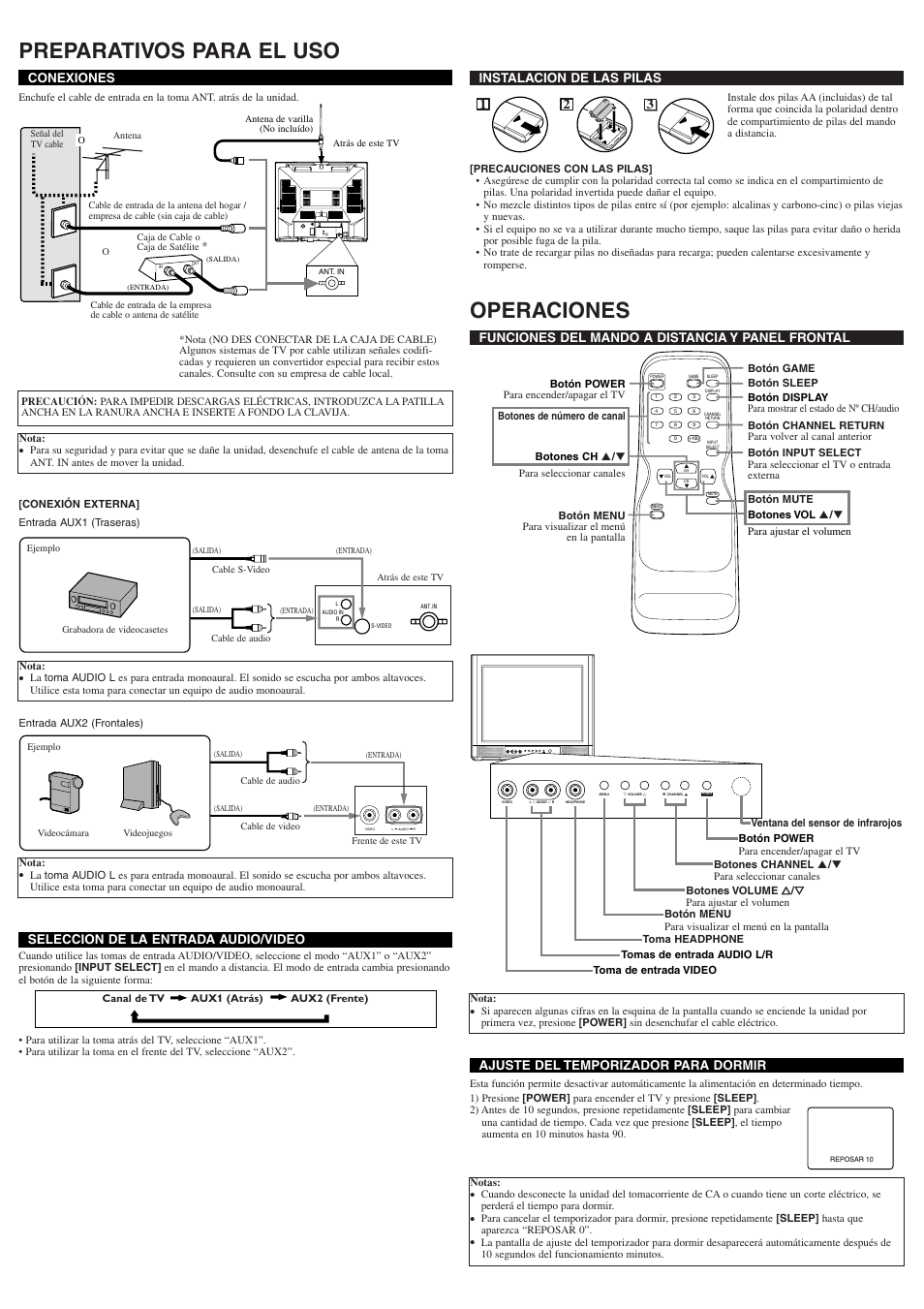 Preparativos para el uso, Operaciones, Instalacion de las pilas | 21 3 conexiones, Seleccion de la entrada audio/video, Ajuste del temporizador para dormir, Funciones del mando a distancia y panel frontal | Symphonic ST420FF User Manual | Page 6 / 8