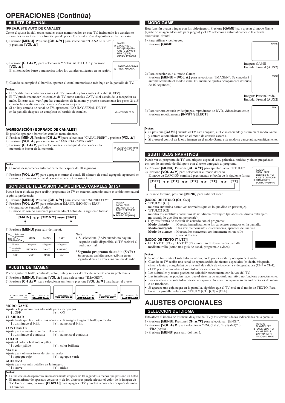 Operaciones (continúa) ajustes opcionales, Ajuste de imagen, Ajuste de canal | Modo game seleccion de idioma, Subtitulos narrtivos, Sonido de television de multiples canales (mts) | Symphonic ST420FF User Manual | Page 7 / 8