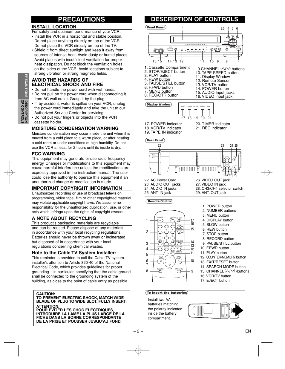 Precautions, Description of controls, Install location | Avoid the hazards of electrical shock and fire, Moisture condensation warning, Fcc warning, Important copyright information, 2 – en, Rec/ otr menu, Pause/still f.fwd | Symphonic SL260C User Manual | Page 2 / 8