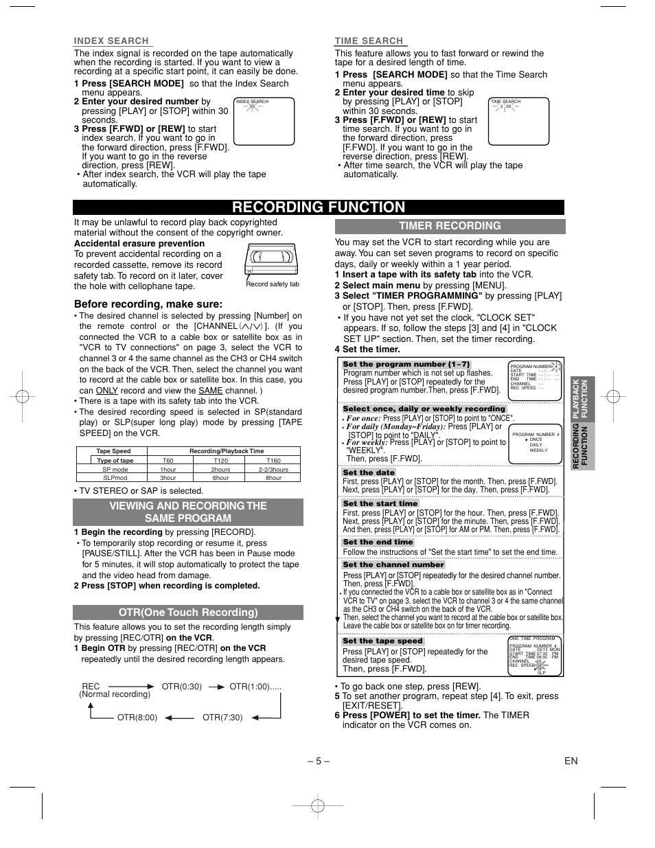 Recording function, Timer recording, Before recording, make sure | Symphonic SL260C User Manual | Page 5 / 8