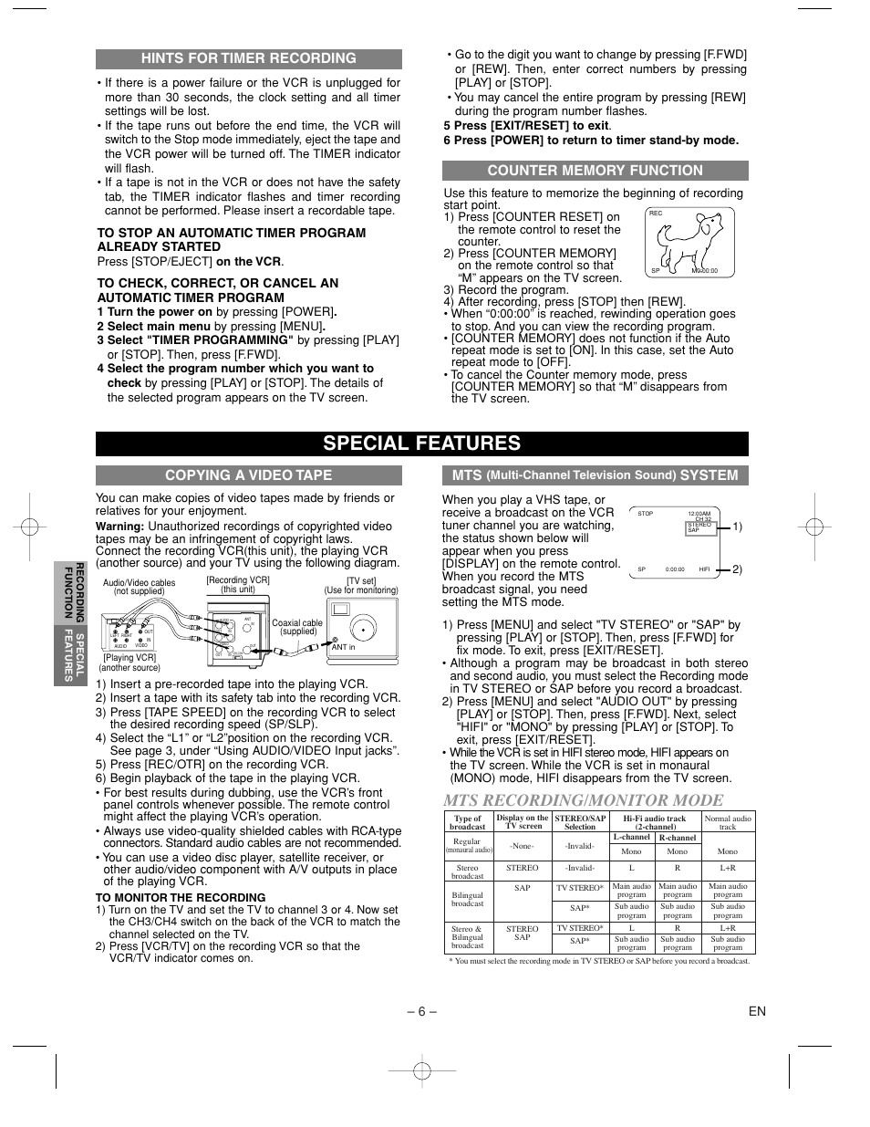 Special features, Mts recording/monitor mode, System | Copying a video tape, Hints for timer recording, 6 – en | Symphonic SL260C User Manual | Page 6 / 8