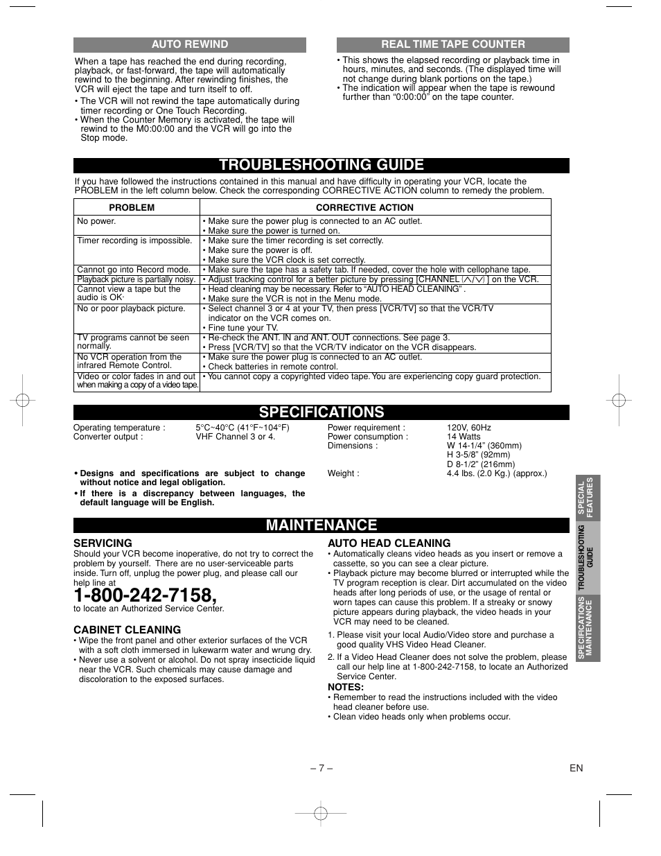 Maintenance specifications troubleshooting guide | Symphonic SL260C User Manual | Page 7 / 8