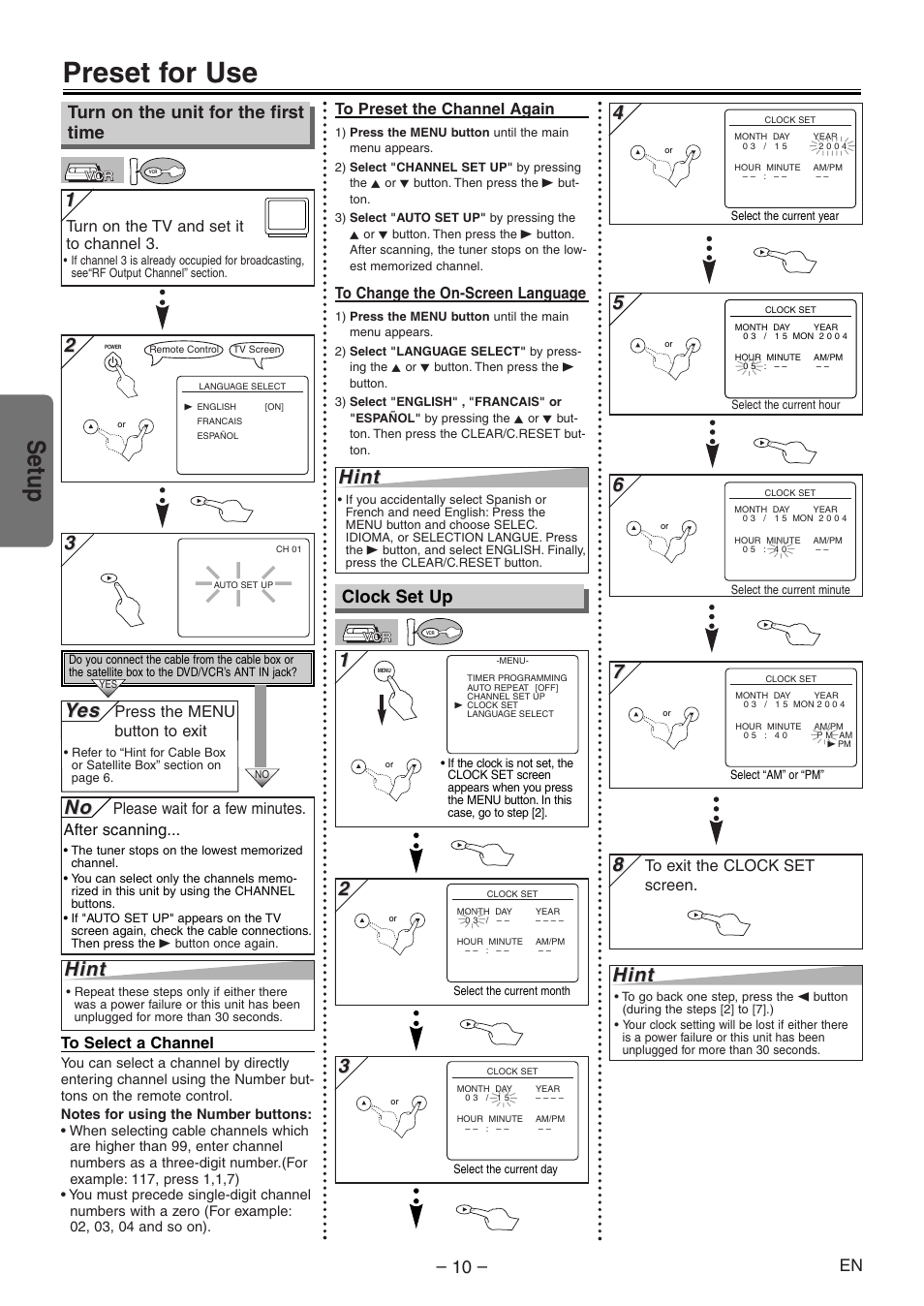 Preset for use, Setup, Hint | Yes es, Turn on the unit for the first time, Clock set up | Symphonic RSMSD804 User Manual | Page 10 / 28