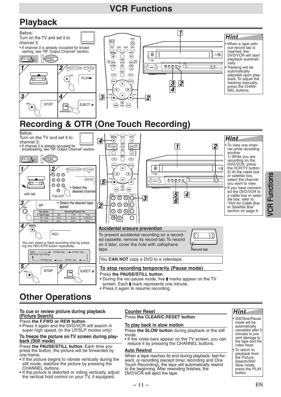Recording & otr (one touch recording) playback, Other operations, Vcr functions | Hint, Accidental erasure prevention, Counter reset, Auto rewind | Symphonic RSMSD804 User Manual | Page 11 / 28