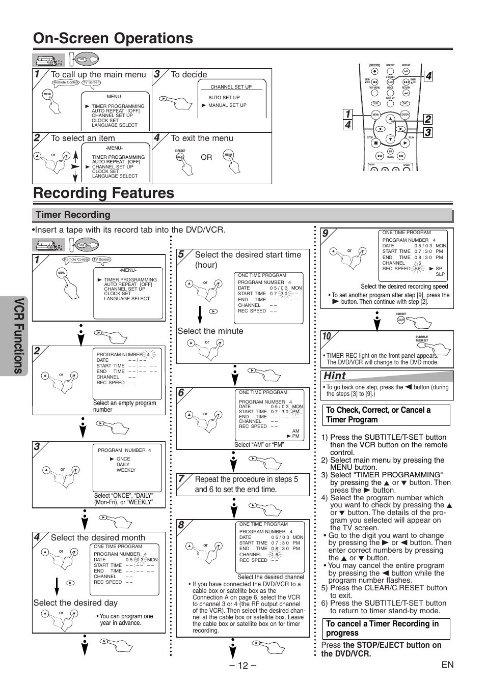 On-screen operations, Recording features, Vcr functions | Hint, Timer recording, Insert a tape with its record tab into the dvd/vcr, Select the desired month select the desired day | Symphonic RSMSD804 User Manual | Page 12 / 28