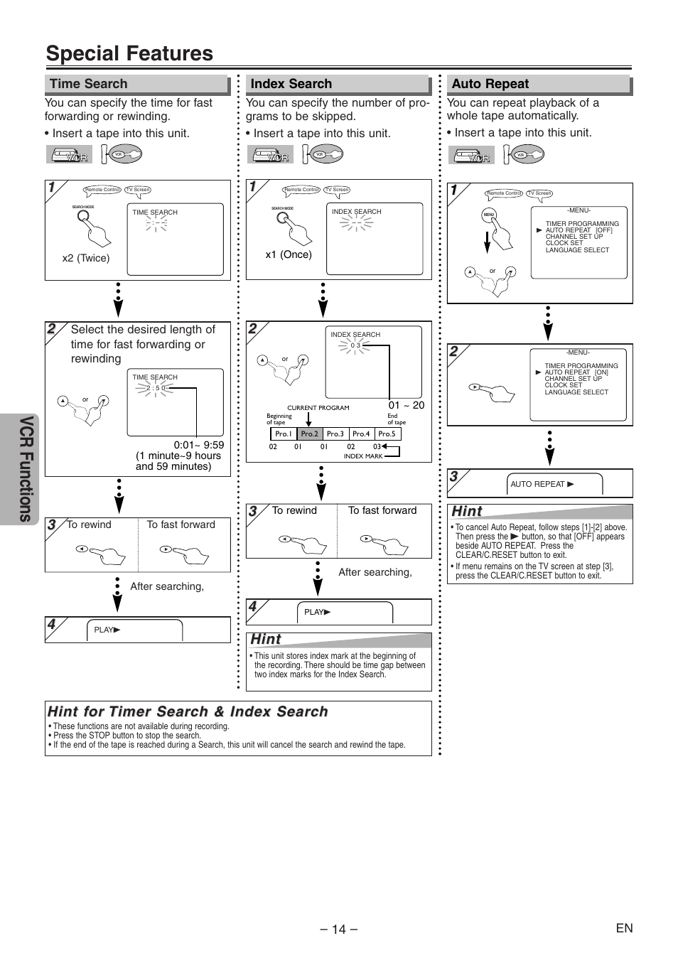 Special features, Vcr functions, Hint f | Hint, Time search index search auto repeat | Symphonic RSMSD804 User Manual | Page 14 / 28