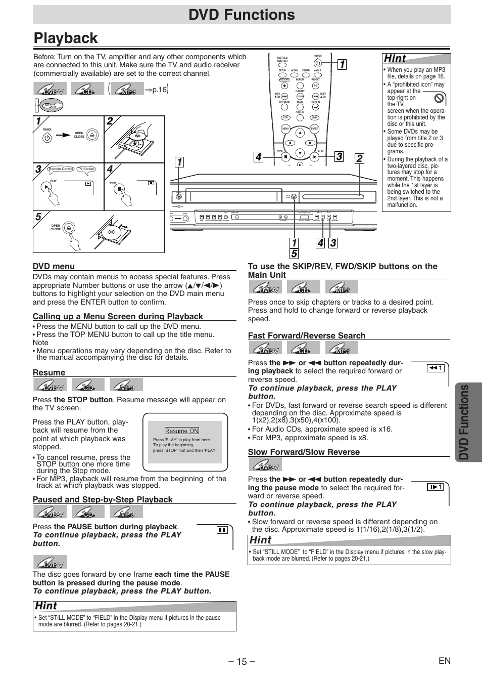 Playback, Dvd functions, 2hint hint | 15 5 hint hint, Hint | Symphonic RSMSD804 User Manual | Page 15 / 28