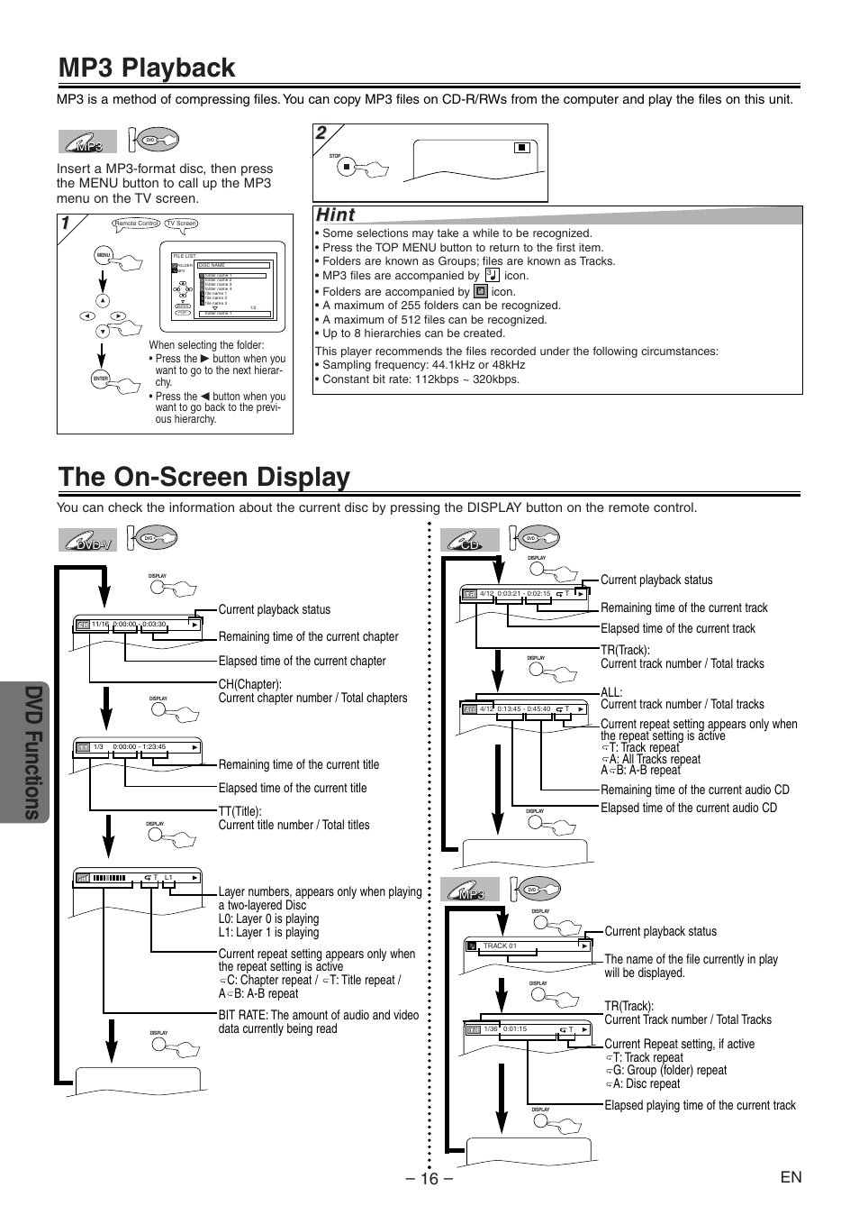 Mp3 playback, The on-screen display, Dvd functions | Hint | Symphonic RSMSD804 User Manual | Page 16 / 28