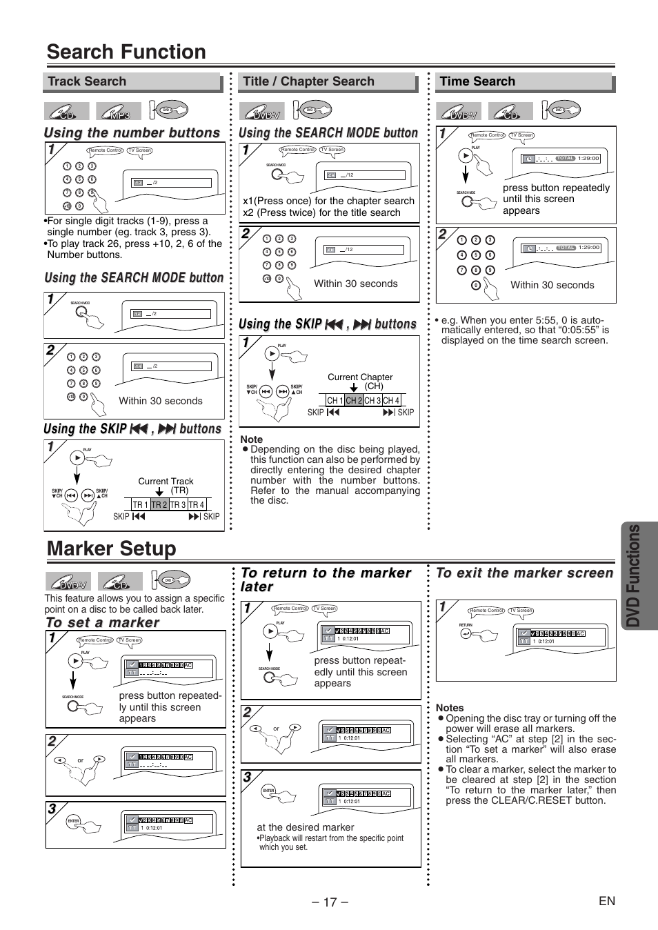 Search function, Marker setup, Dvd functions | Using the search, Using the search mode mode b b utton utton 1 1, Using the n, Using the n umber b umber b uttons uttons, Using the search mode mode b b utton utton, Using the skip, Time search | Symphonic RSMSD804 User Manual | Page 17 / 28
