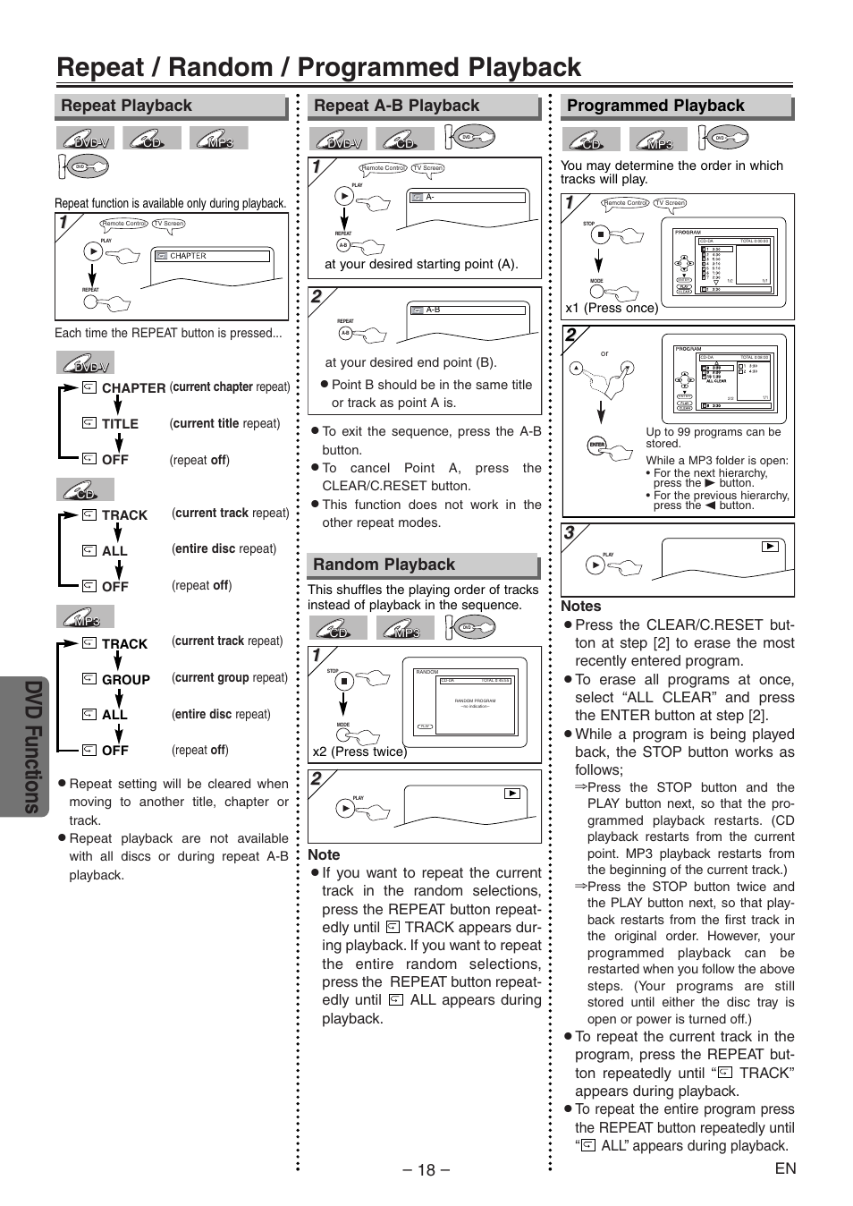 Repeat / random / programmed playback, Dvd functions, Repeat playback programmed playback | Repeat a-b playback, Random playback | Symphonic RSMSD804 User Manual | Page 18 / 28