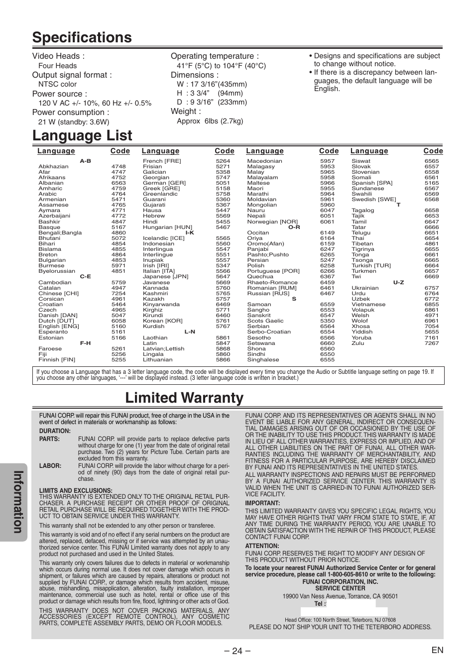 Language list, Specifications, Limited warranty | Inf ormation, Symphonic, Video heads, Output signal format, Power source, Power consumption, Operating temperature | Symphonic RSMSD804 User Manual | Page 24 / 28