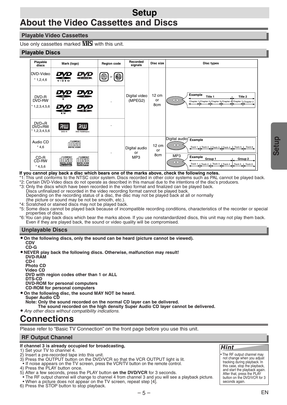 Connections, About the video cassettes and discs, Setup | Hint, Unplayable discs, Rf output channel, Playable discs, Playable video cassettes | Symphonic RSMSD804 User Manual | Page 5 / 28