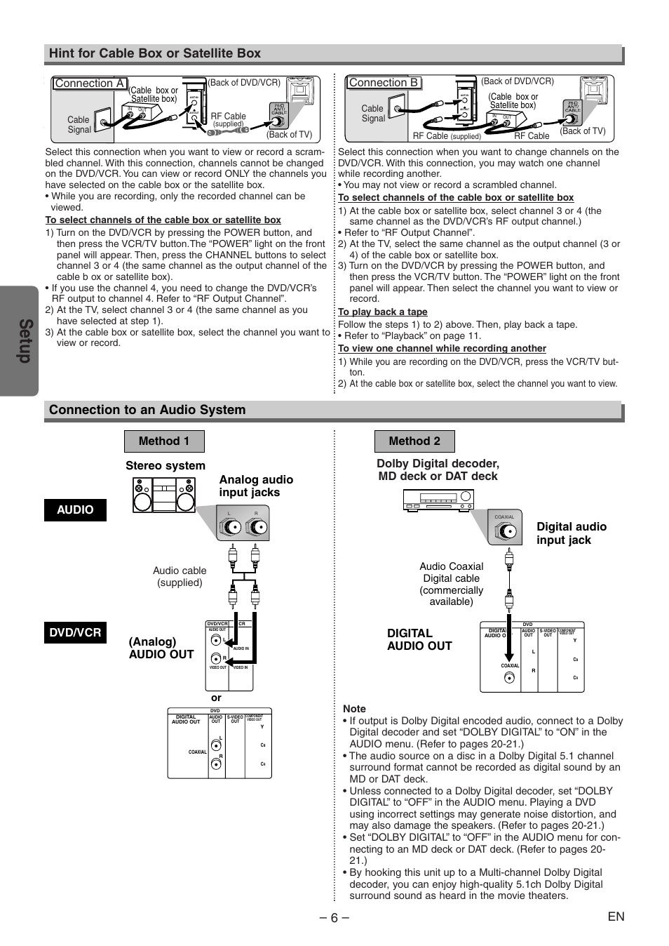 Setup, Hint for cable box or satellite box, Connection to an audio system | Connection a, Connection b, Stereo system, Dolby digital decoder, md deck or dat deck | Symphonic RSMSD804 User Manual | Page 6 / 28