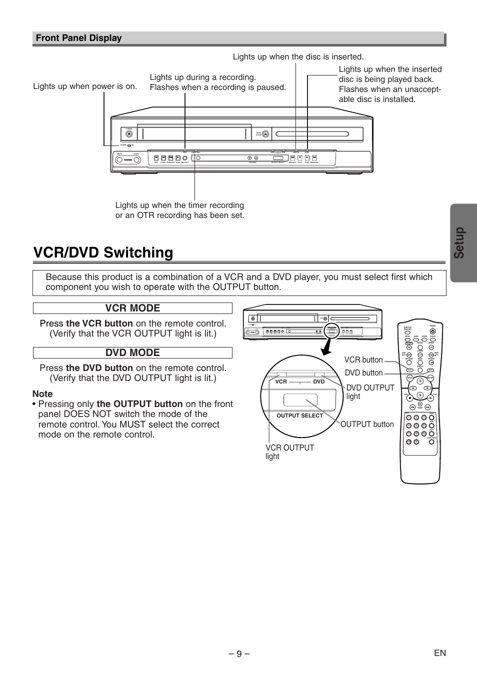 Vcr/dvd switching, Setup, Vcr mode | Dvd mode, Front panel display, Power | Symphonic RSMSD804 User Manual | Page 9 / 28