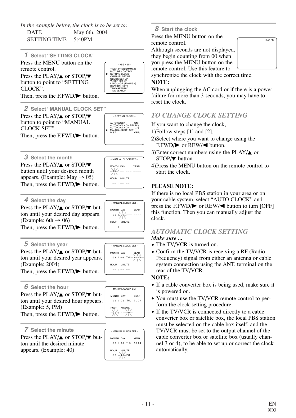 Automatic clock setting, 11 - en, Make sure | The tv/vcr is turned on | Symphonic WF319E User Manual | Page 11 / 32