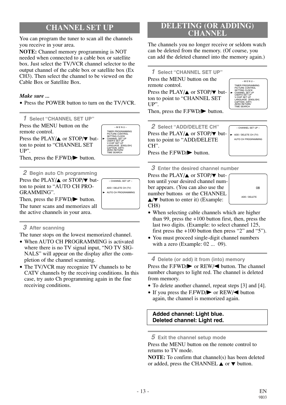 Channel set up, Deleting (or adding) channel | Symphonic WF319E User Manual | Page 13 / 32