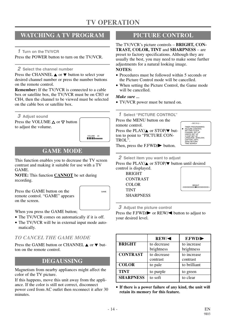 Tv operation, Watching a tv program, Game mode | Picture control, Degaussing | Symphonic WF319E User Manual | Page 14 / 32