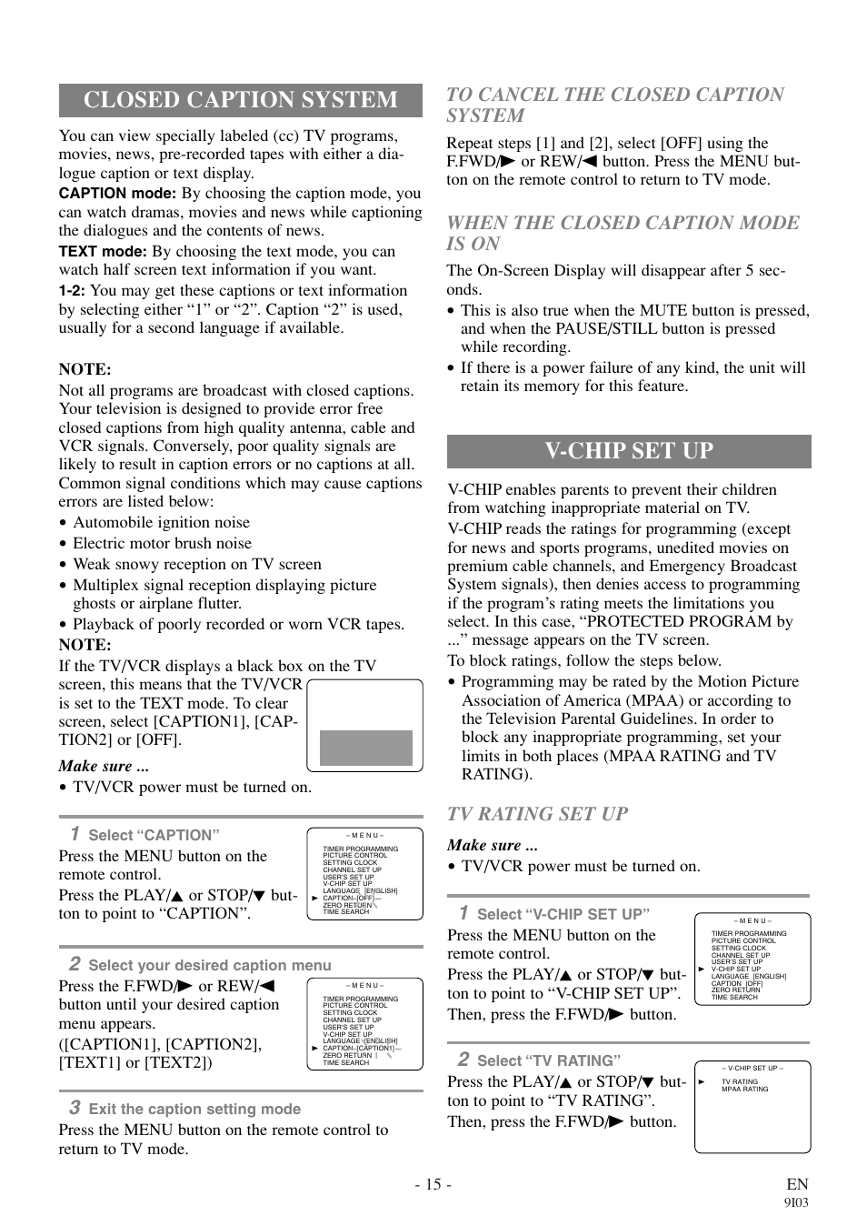 Closed caption system, V-chip set up, When the closed caption mode is on | Tv rating set up | Symphonic WF319E User Manual | Page 15 / 32