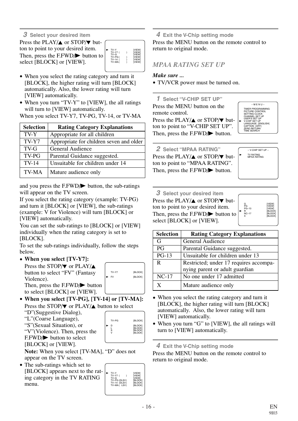 Mpaa rating set up, 16 - en, Make sure | Tv/vcr power must be turned on | Symphonic WF319E User Manual | Page 16 / 32