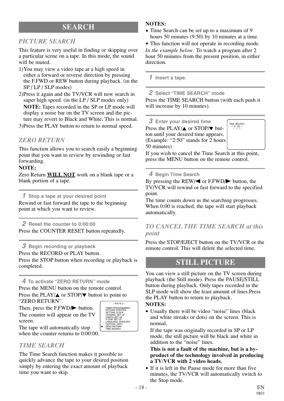 Still picture, Search, Picture search | Zero return, Time search | Symphonic WF319E User Manual | Page 18 / 32