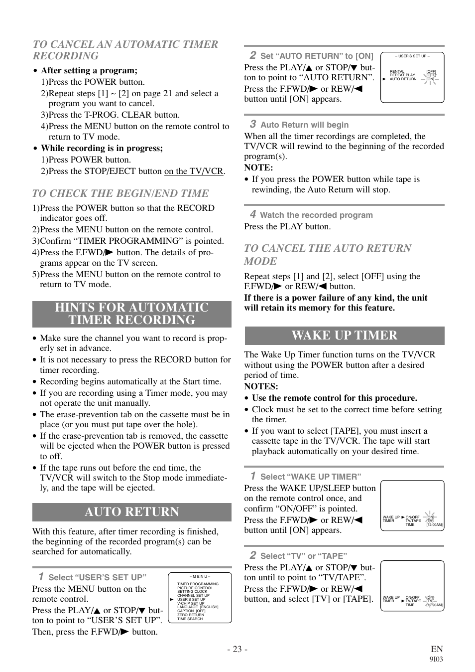 Hints for automatic timer recording, Auto return, Wake up timer | Symphonic WF319E User Manual | Page 23 / 32