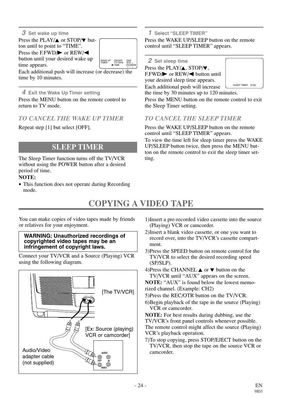 Copying a video tape, Sleep timer | Symphonic WF319E User Manual | Page 24 / 32