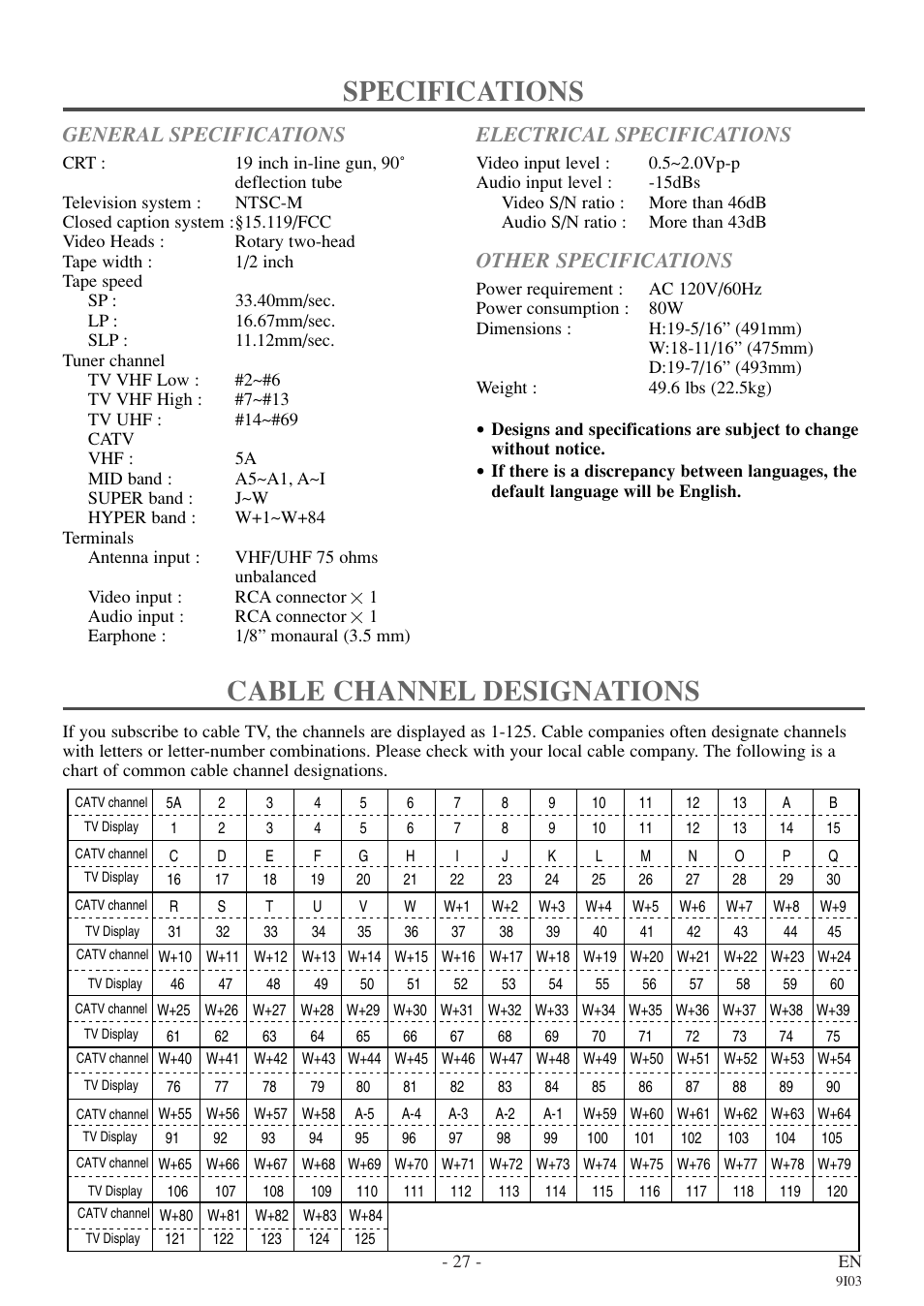 Specifications, Cable channel designations, General specifications | Electrical specifications, Other specifications | Symphonic WF319E User Manual | Page 27 / 32