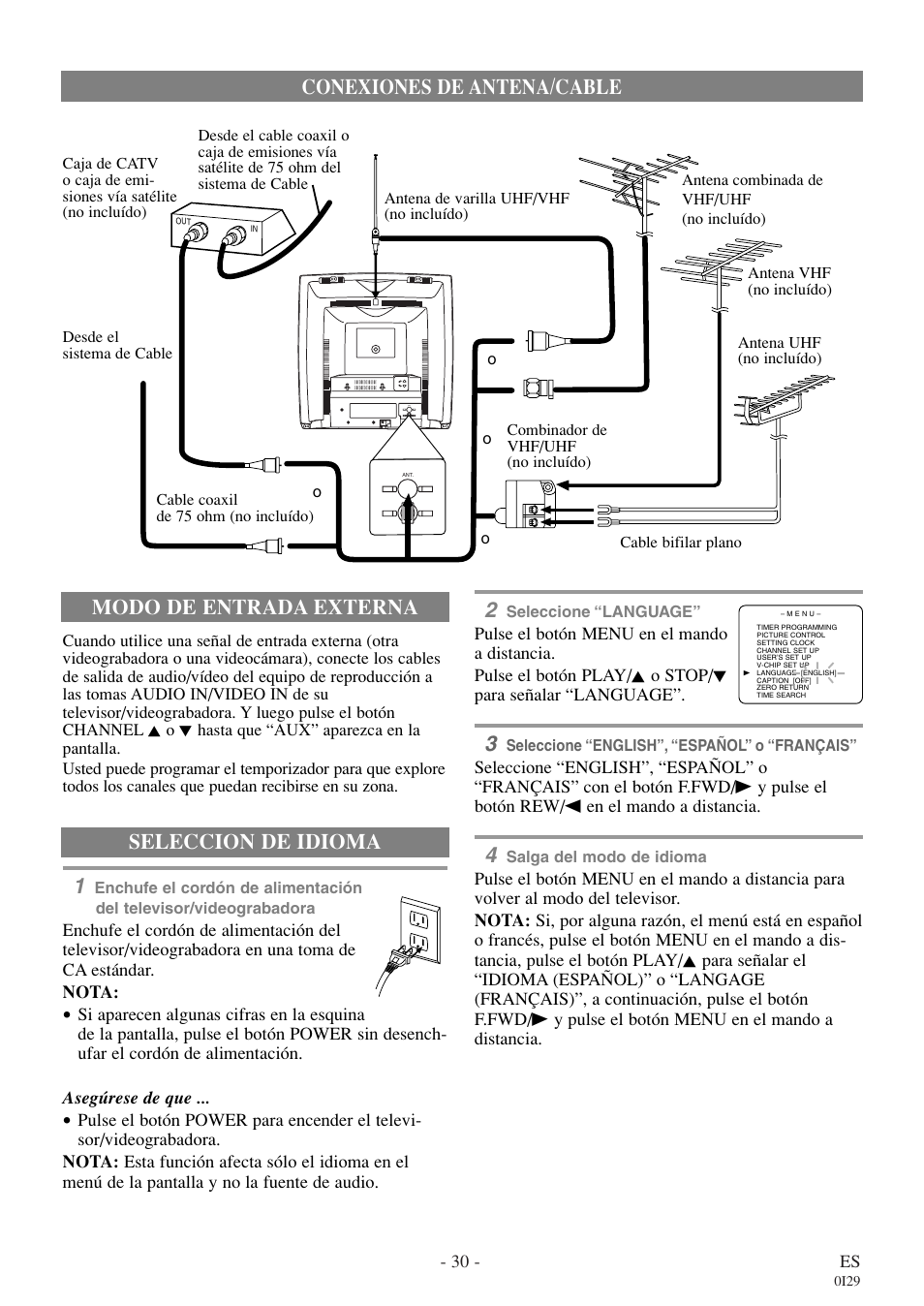 Conexiones de antena/cable, Seleccion de idioma 2, Modo de entrada externa | Symphonic WF319E User Manual | Page 30 / 32