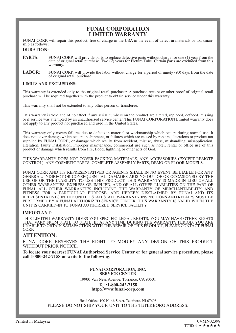 Funai corporation, Limited warranty, Attention | Symphonic WF319E User Manual | Page 32 / 32