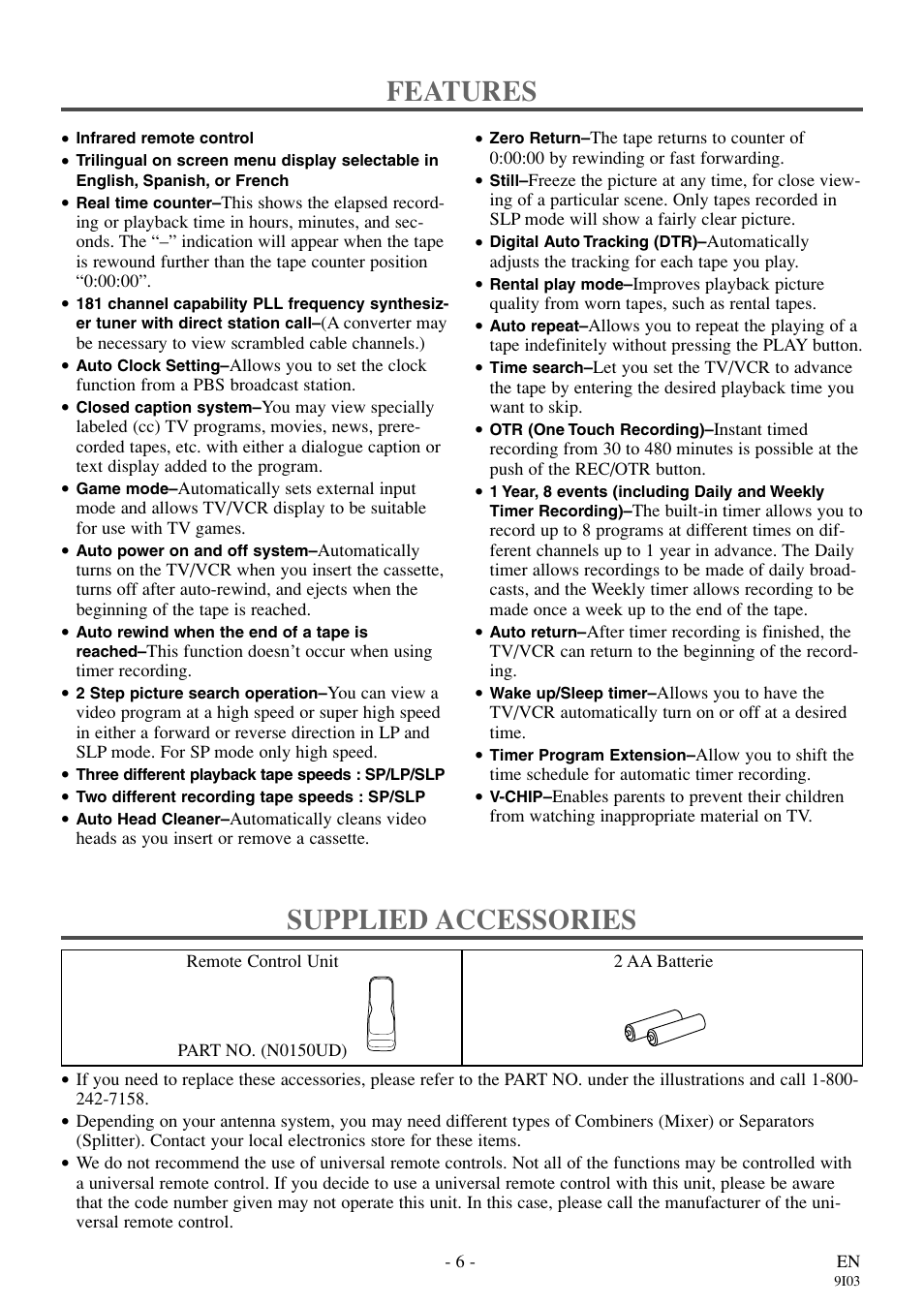 Features, Supplied accessories | Symphonic WF319E User Manual | Page 6 / 32