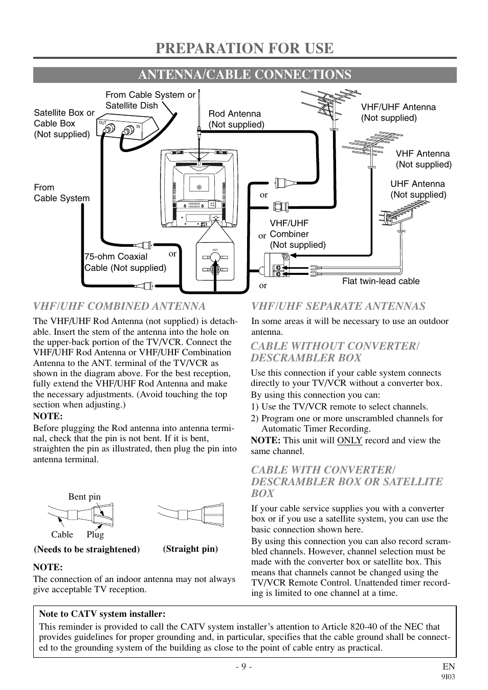 Preparation for use, Antenna/cable connections, Vhf/uhf combined antenna | Cable without converter/ descrambler box, Vhf/uhf separate antennas | Symphonic WF319E User Manual | Page 9 / 32