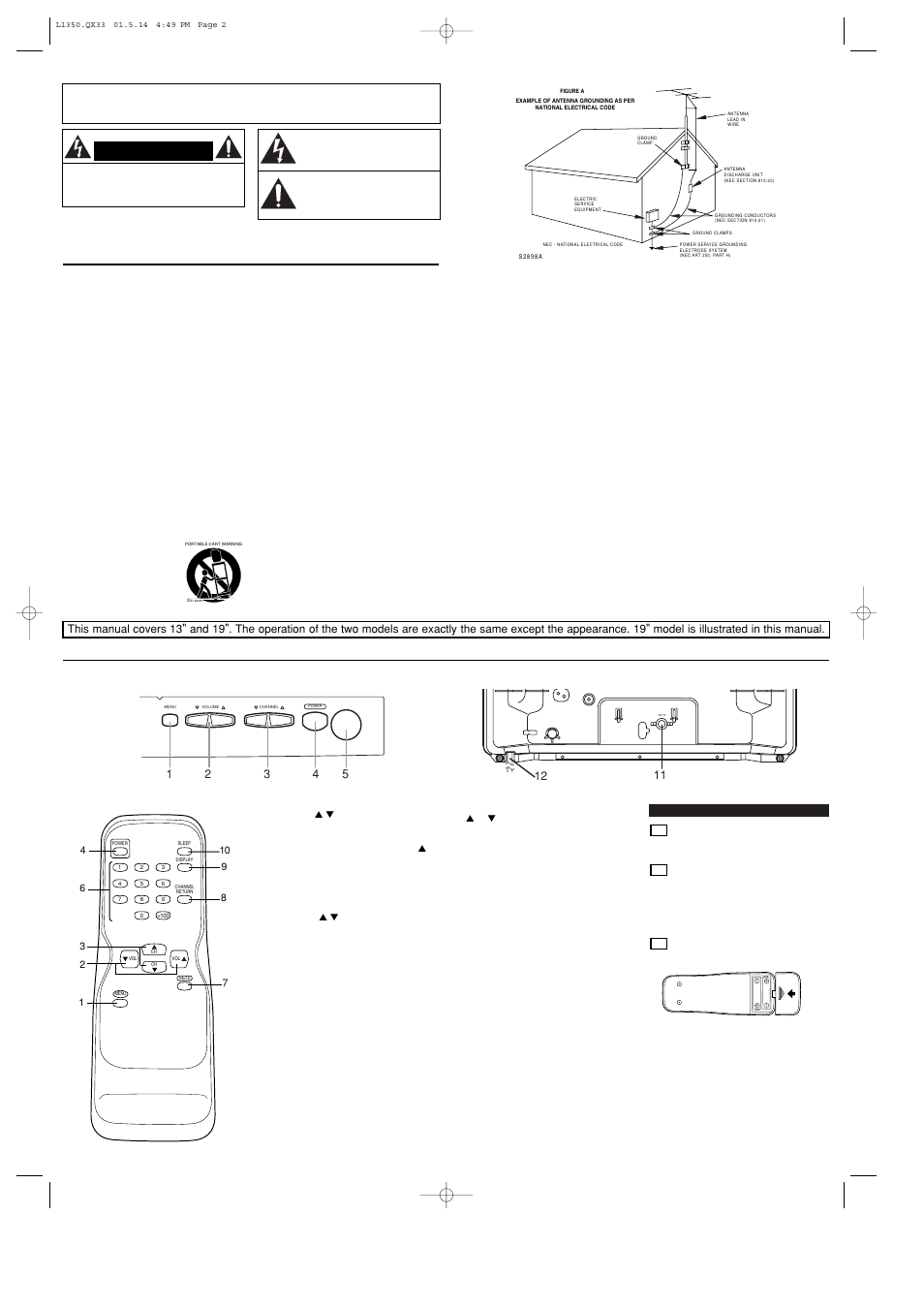Important safeguards, Operating controls and functions, Installing the batteries | Front panel - - rear panel | Symphonic ST413B User Manual | Page 2 / 8