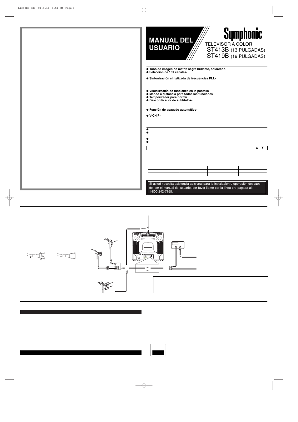Manual del usuario, St413b, St419b | Conexiones de la antena/cable precauciones, Características, Subtitulos narrativos, Televisor a color, 13 pulgadas), 19 pulgadas), Ant.in | Symphonic ST413B User Manual | Page 5 / 8