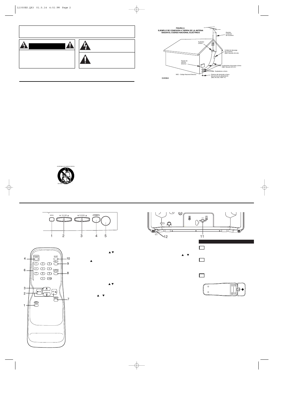 Importante para su seguridad, Controles de operación y sus funciones, Instalacion de las pilas | Panel delantero - - panel trasero, Control remoto | Symphonic ST413B User Manual | Page 6 / 8