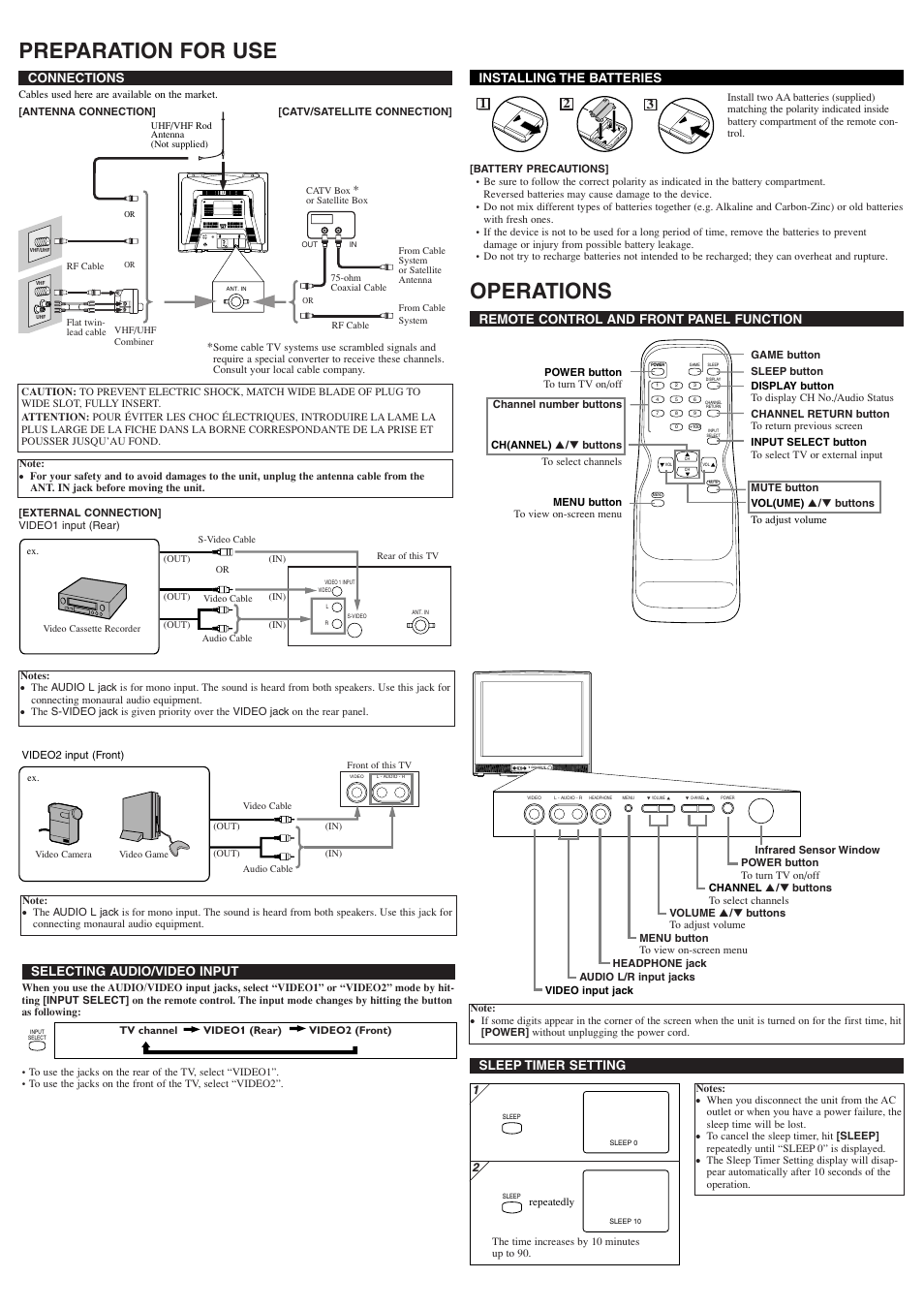 Preparation for use, Operations, Ant. in l r video 1 in put video s-video | Connections, Remote control and front panel function, Installing the batteries, Selecting audio/video input, Sleep timer setting | Symphonic ST424FF User Manual | Page 2 / 8