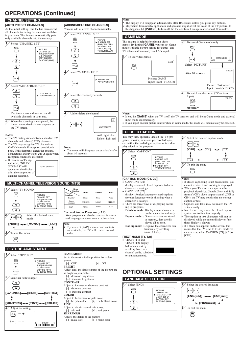 Operations (continued) optional settings, Picture adjustment, Channel setting | Language selection, Closed caption, Multi-channel television sound (mts), Game mode | Symphonic ST424FF User Manual | Page 3 / 8