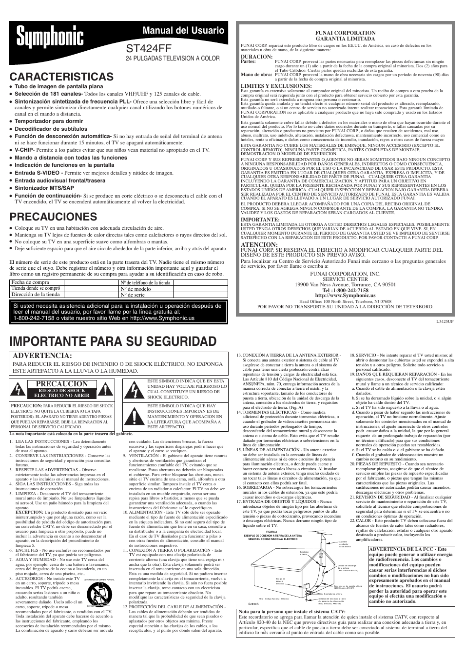 Importante para su seguridad, Caracteristicas, Precauciones | St424ff, Manual del usuario, Advertencia, Precaucion, 24 pulgadas television a color, Atencion | Symphonic ST424FF User Manual | Page 5 / 8