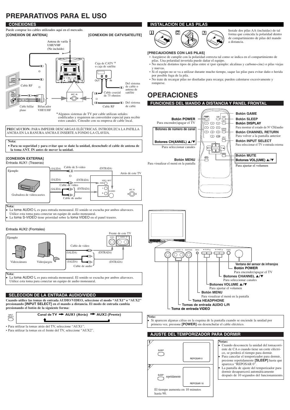 Preparativos para el uso, Operaciones, Ant. in l r video 1 in put video s-video | Conexiones, Funciones del mando a distancia y panel frontal, Instalacion de las pilas, Seleccion de la entrada audio/video, Ajuste del temporizador para dormir | Symphonic ST424FF User Manual | Page 6 / 8