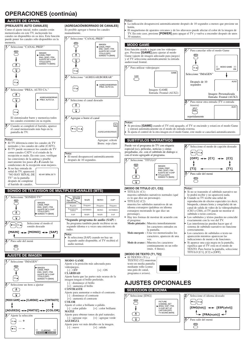 Operaciones (continúa) ajustes opcionales, Ajuste de imagen, Ajuste de canal | Seleccion de idioma, Subtitulos narrativos, Sonido de television de multiples canales (mts), Modo game | Symphonic ST424FF User Manual | Page 7 / 8