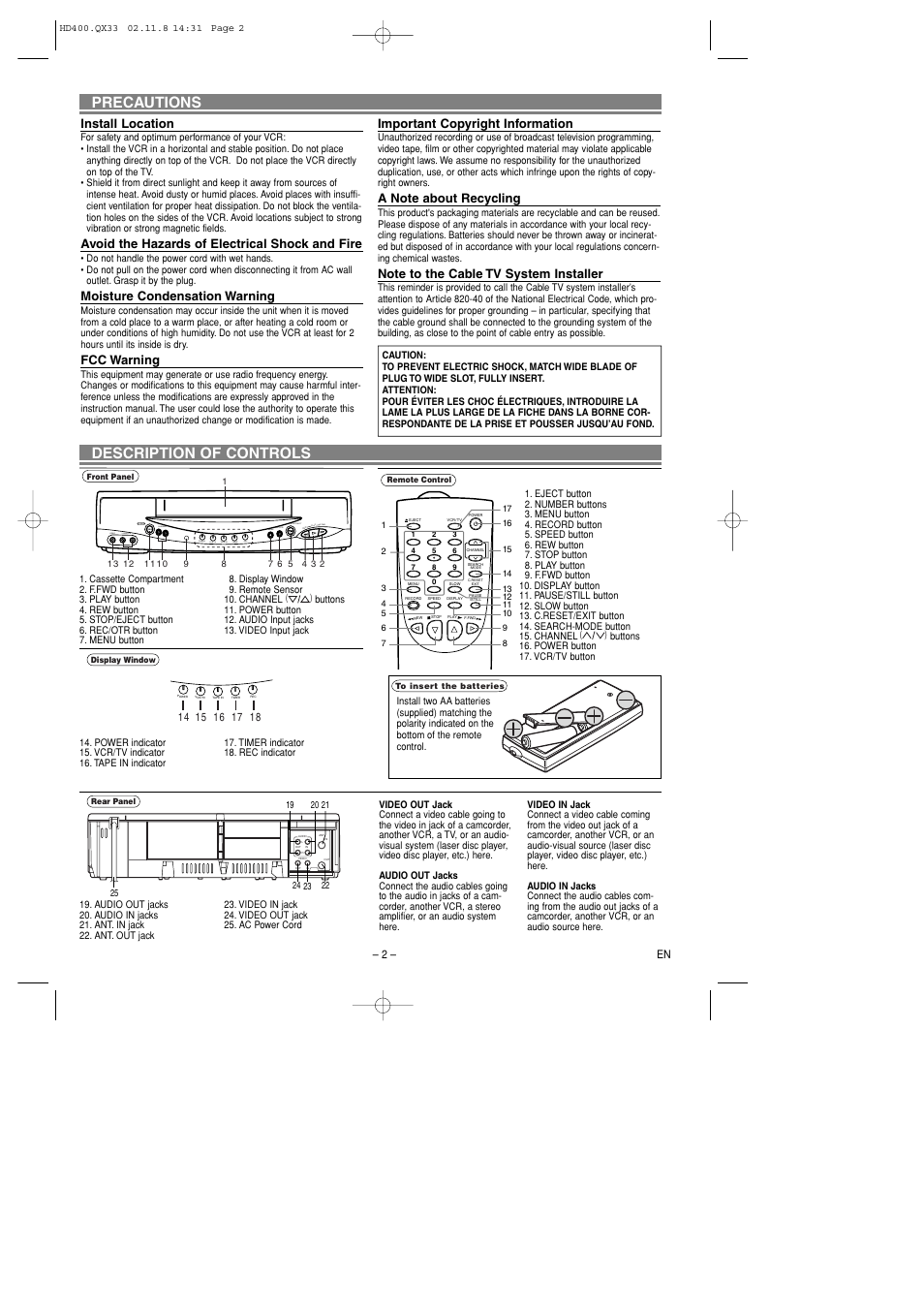 Precautions description of controls, Install location, Avoid the hazards of electrical shock and fire | Moisture condensation warning, Fcc warning, Important copyright information | Symphonic SL260D User Manual | Page 2 / 8
