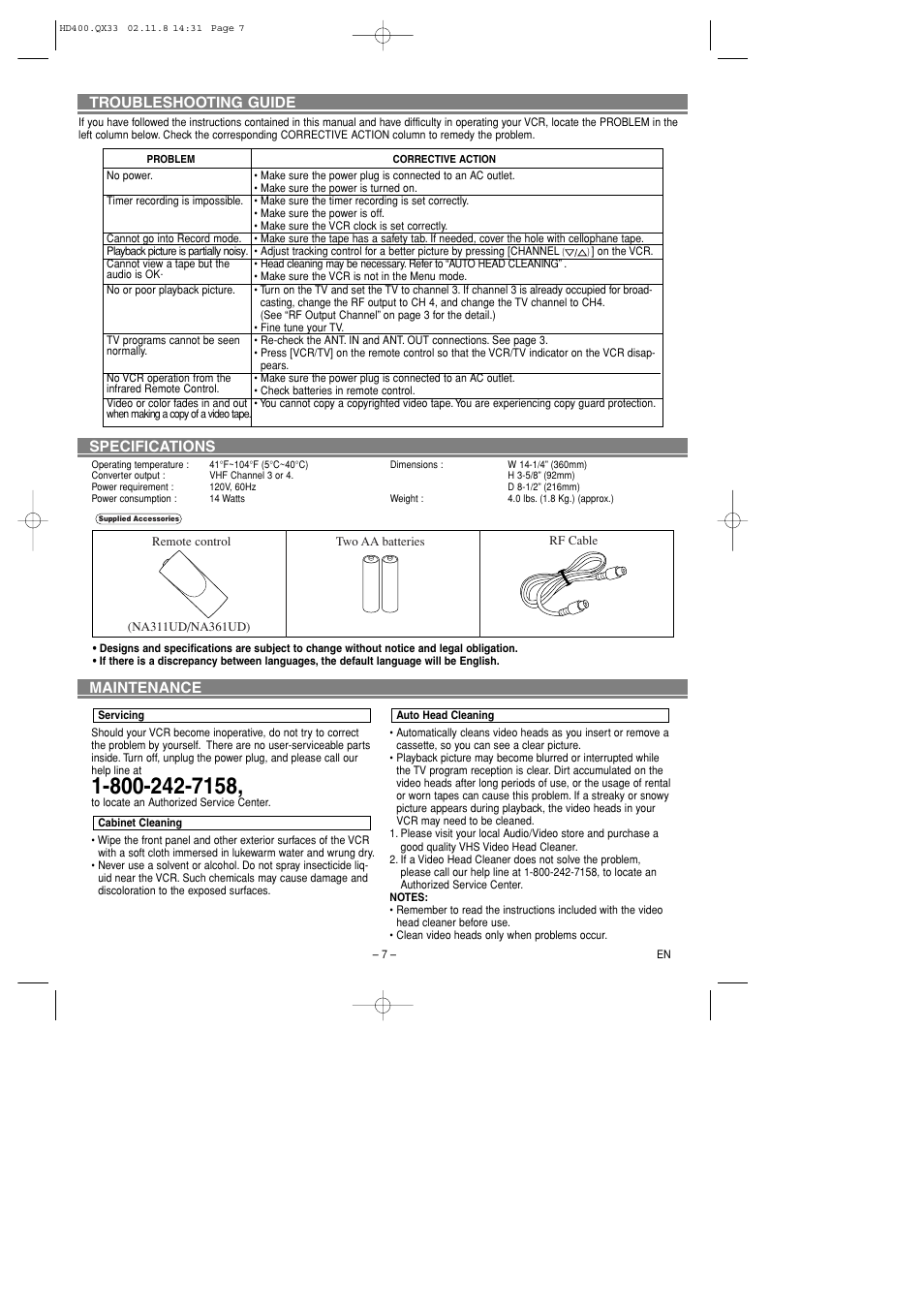 Troubleshooting guide specifications maintenance | Symphonic SL260D User Manual | Page 7 / 8