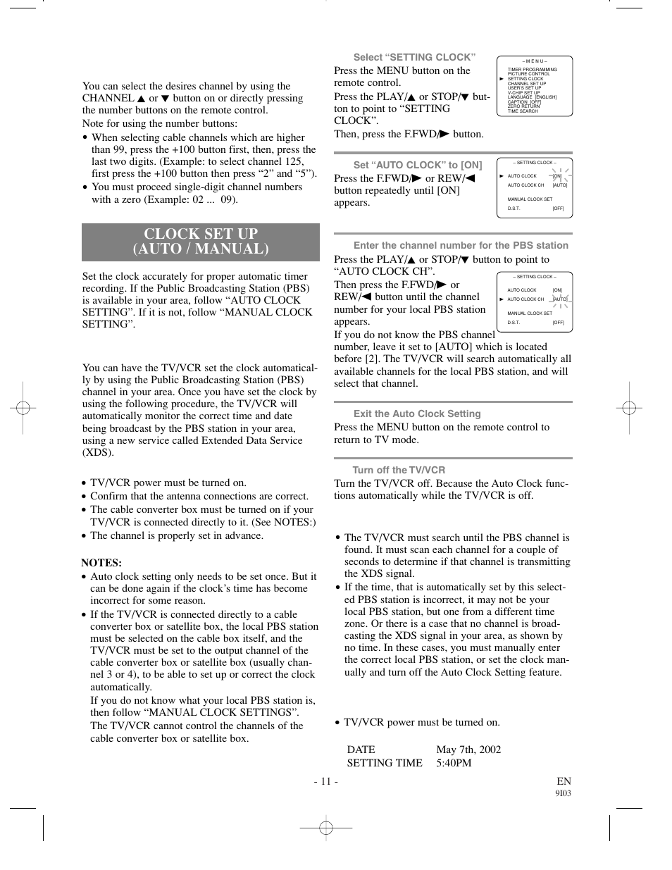 Clock set up (auto / manual), Auto clock setting, Manual clock setting | Symphonic WF0213C User Manual | Page 11 / 32
