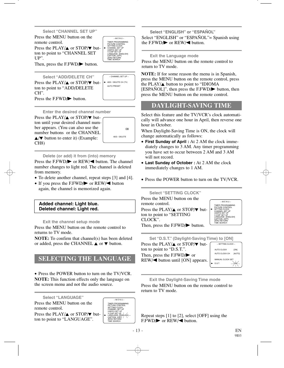 Selecting the language, Daylight-saving time | Symphonic WF0213C User Manual | Page 13 / 32