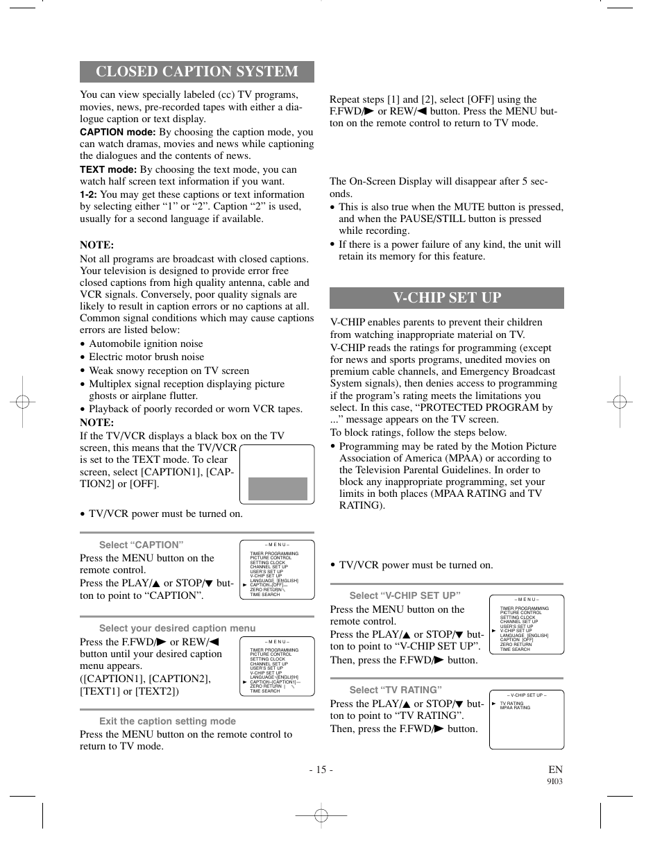 Closed caption system, V-chip set up, When the closed caption mode is on | Tv rating set up | Symphonic WF0213C User Manual | Page 15 / 32