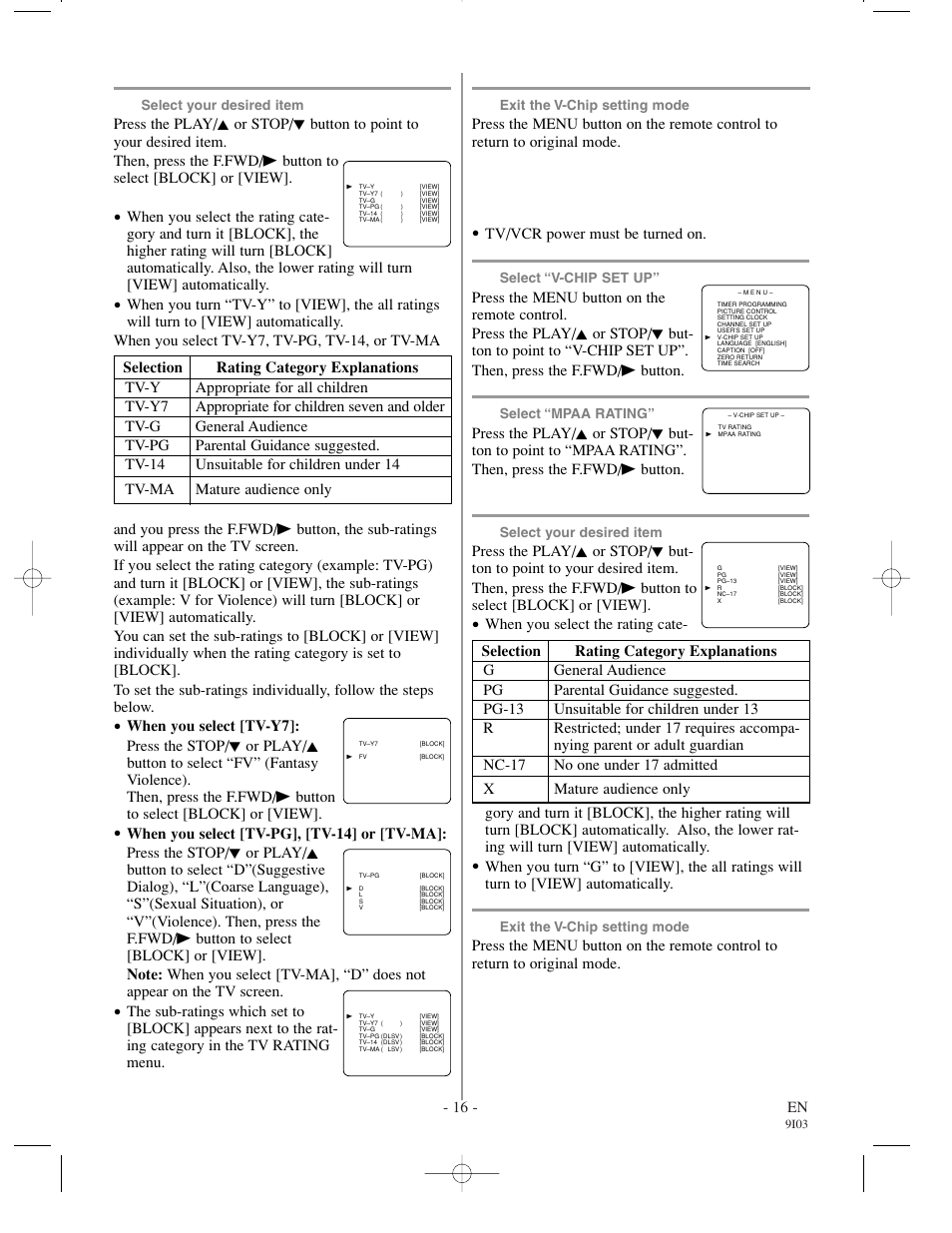 Mpaa rating set up, 16 - en, Make sure | Tv/vcr power must be turned on | Symphonic WF0213C User Manual | Page 16 / 32