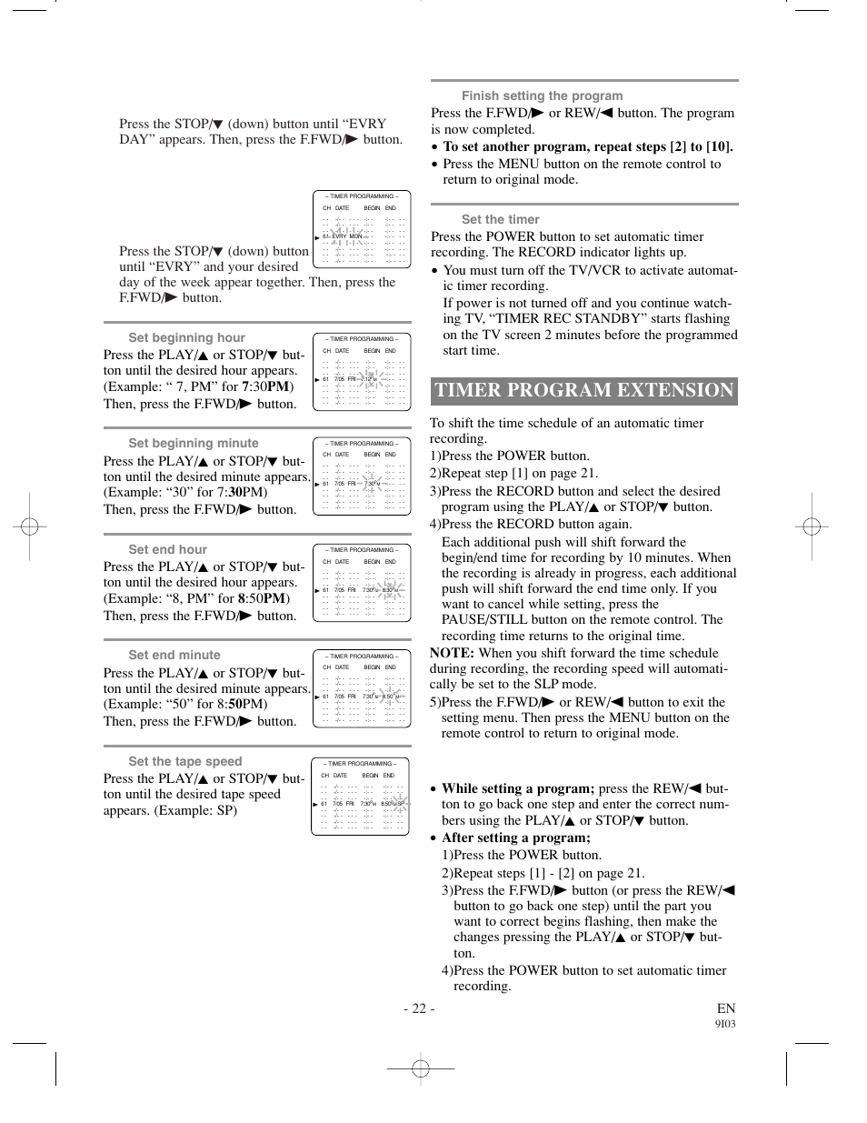 Timer program extension, 22 - en, Set beginning hour | Set beginning minute, Set end hour, Set end minute, Set the tape speed, Finish setting the program, Set the timer, 9i03 | Symphonic WF0213C User Manual | Page 22 / 32