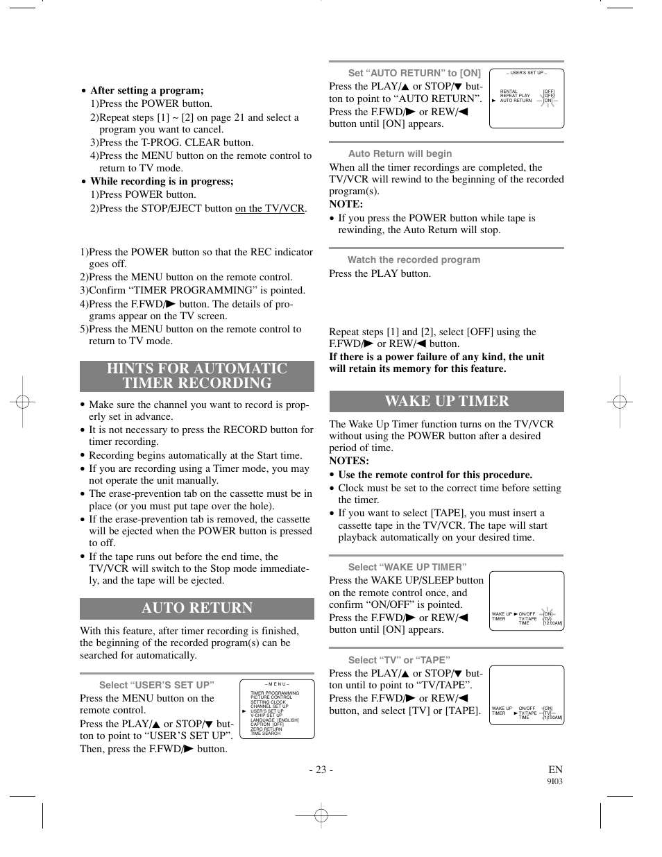 Hints for automatic timer recording, Auto return, Wake up timer | Symphonic WF0213C User Manual | Page 23 / 32